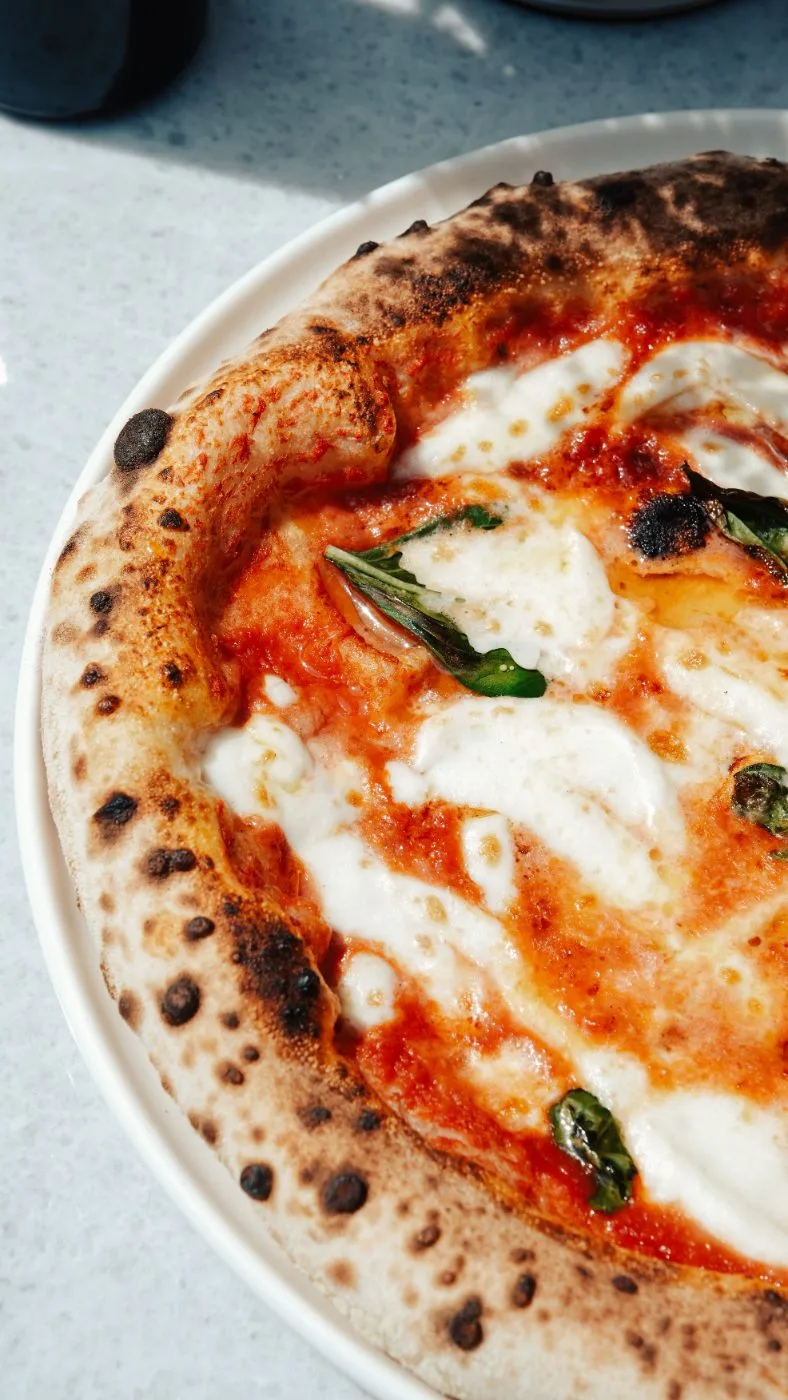 Pizza margherita con basilico appena sfornata.
